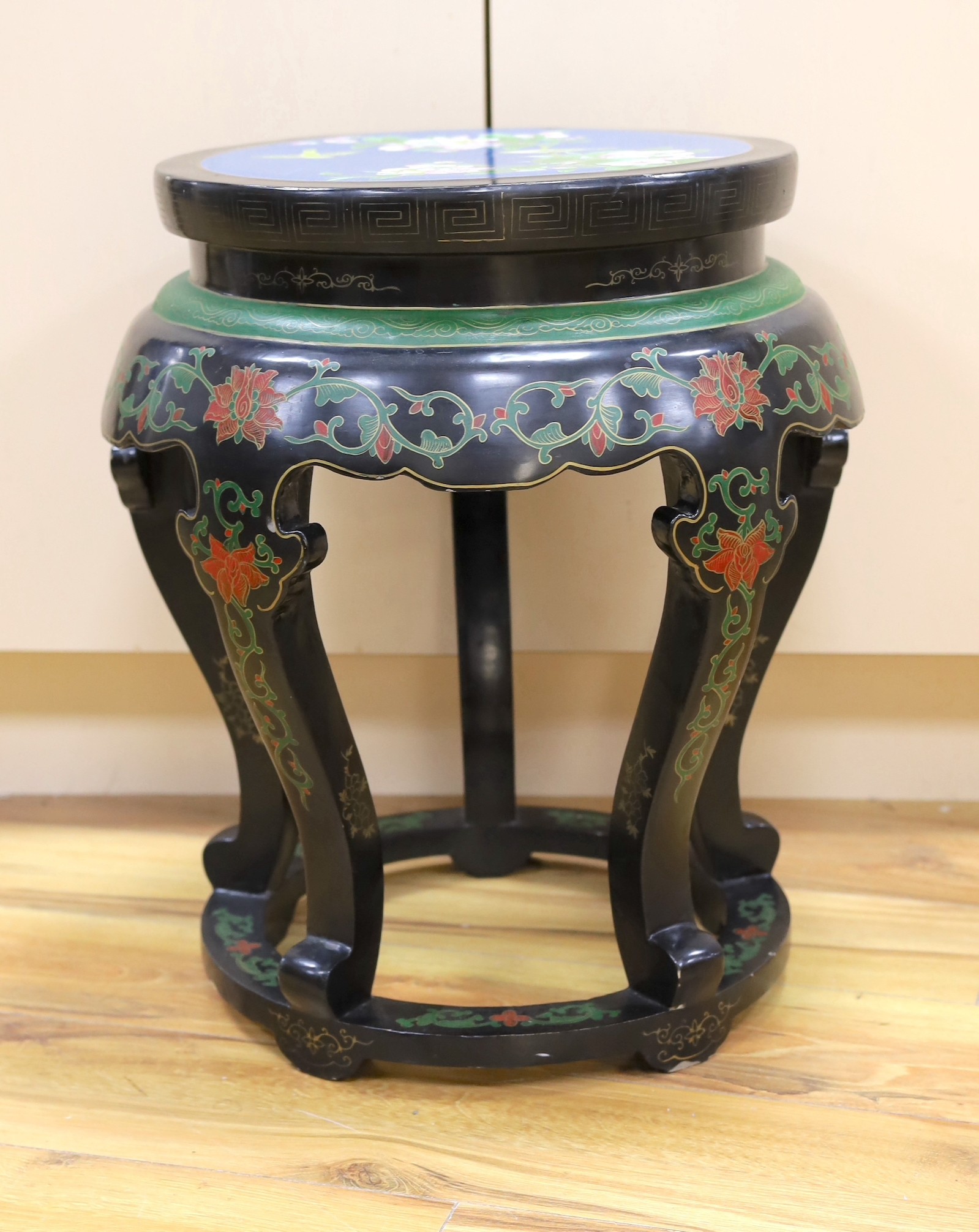 A Chinese lacquer and cloisonné enamel mounted stand, 54cm tall